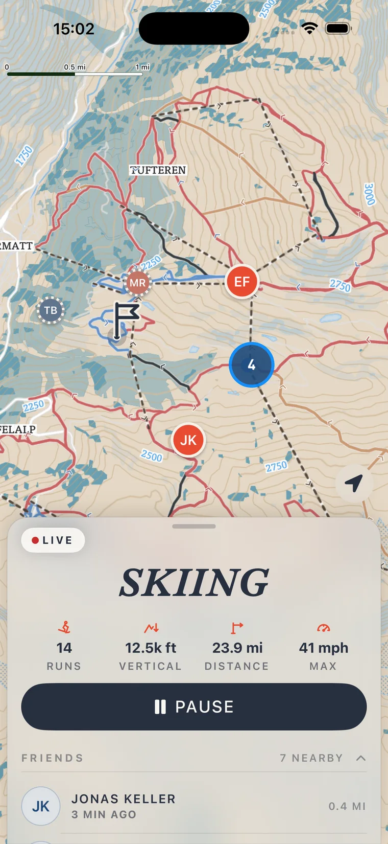Schuss live trail map with friends on the mountain