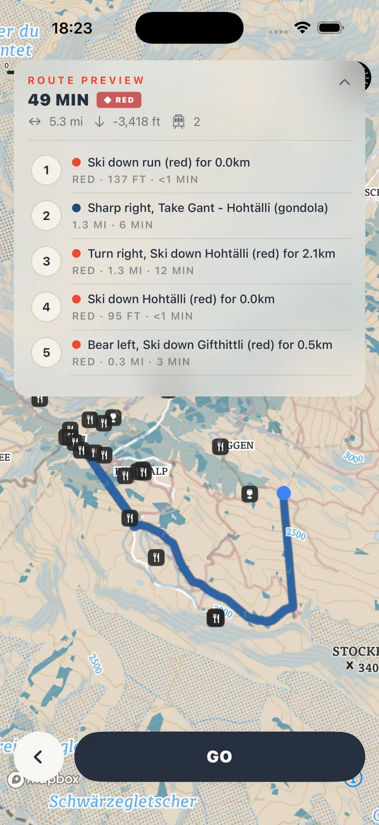 Schuss turn-by-turn route preview down the mountain